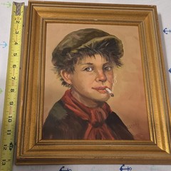 Vintage Belgian Oil Painting „Boy with Cigarette“ Signed Lambry