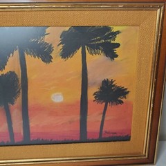 Hawaii Sunset Palm Trees Scenic 1970’s Print Painting Framed Signed