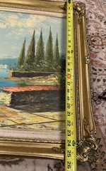 Vintage Mid 20th Century Italian Harbor Scene Gold Framed Oil on Canvas Signed