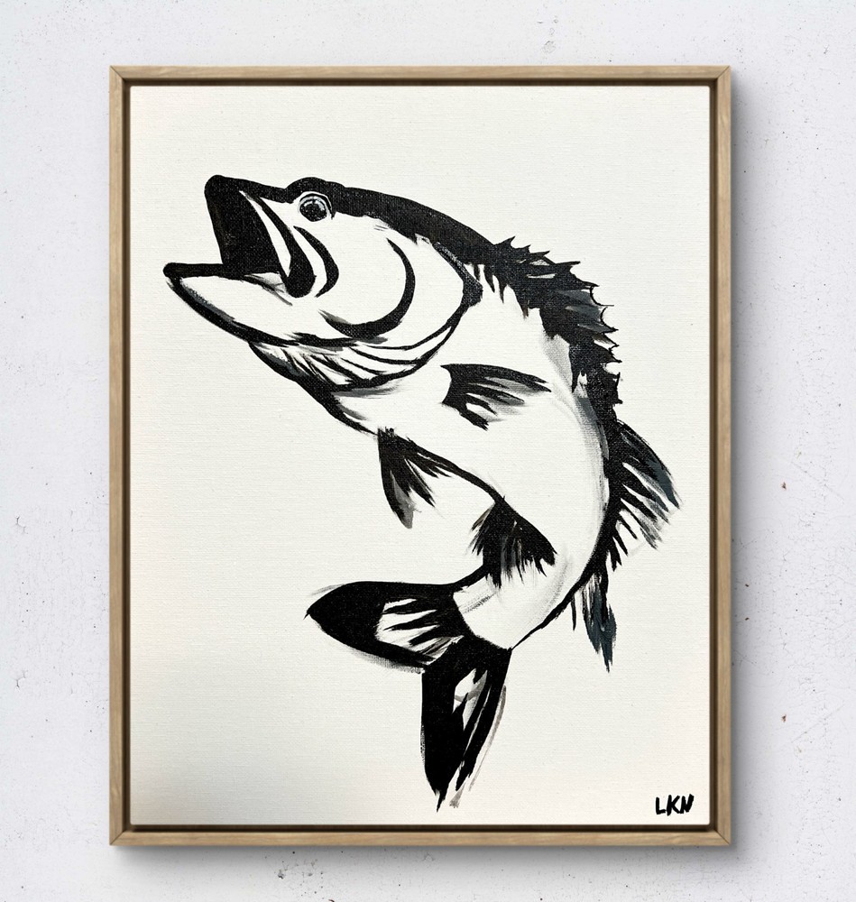 Laeknapes Bass Fish Abstract Art 11X14 Canvas Expressionist Decor Monochromatic