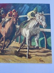 LARGE HORSE RACE PAINTING TRACK JOCKEY 48 INCHES IMPRESSIONISM AMERICAN LISTED