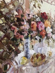 John Cho Signed Floral Oil Painting – Framed – Vibrant Impasto Style – 38×32 Inc