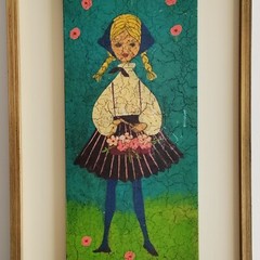 Vintage Original Finland Folk Art Painting Girl with a Floral Basket READ