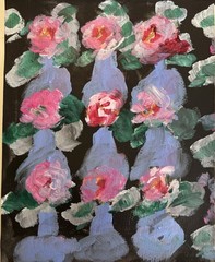 ROSE GARDEN BLUE VASES original still life floral 10x8in Mary Hillier
