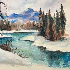 VTG Winter Landscape Watercolor Painting Signed St. Marianna. Forest River 24×18
