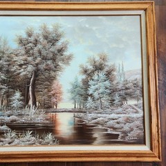 Canvas Oil Painting Outdoor Nature River Trees 24″x28″ Decor Art Wood Framed