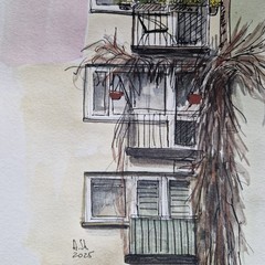 Original Watercolor Urban Sketch A4 – Winter Balconies Drawing
