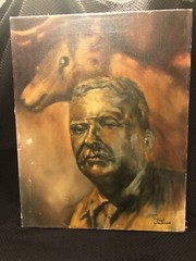 President Theodore Roosevelt & Horse Oil & Canvas Old Paper Political Art Signed