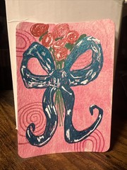ACEO Art Card 2.5 x 3.5, Mixed Media, Glitter, Pink, Blue Bow Red Flowers