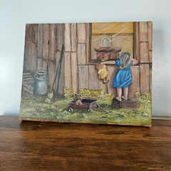 Glenna Welch Vtg 1986 Signed Oil Painting Girl with Doll Wagon 11×14 Folk Art