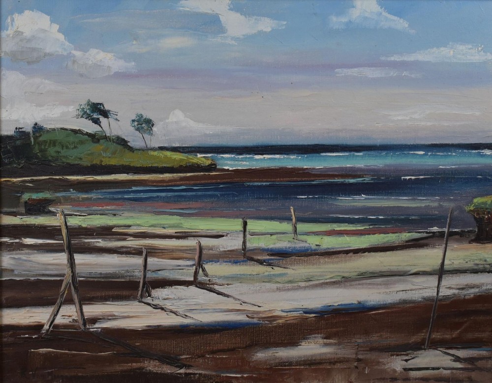 Beach at Low Tide Expansive Landscape Roland van Meerbeeck Oil Painting c1970s