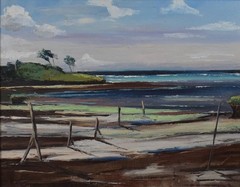 Beach at Low Tide Expansive Landscape Roland van Meerbeeck Oil Painting c1970s