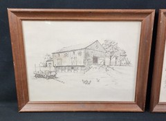 3 ORIGINAL PENCIL SKETCH PRINTS GLASS WOODEN FRAMES VILLAGE LIFE LANDSCAPE