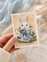 A Cup of Whimsy ACEO Original Watercolor Bunny Rabbit Teacup Painting OOAK card
