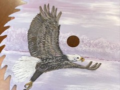 William Fritzsch Jr (1939-2018) Acrylic On Saw Blade Eagle Flying Mountain River