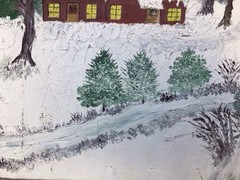 American mid 20thc Vintage Oil Painting Naïve Folk Art Winter Landscape 20×16