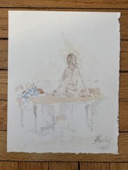 Vintage 1980’s Watercolor Painting Study Portrait Woman at Desk Signed 5 x 7