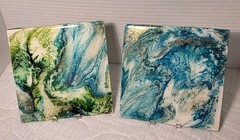 Ceramic Tile Abstract Acrylic Pour Painting Fluid Art Set of 2 Blue Gold Green
