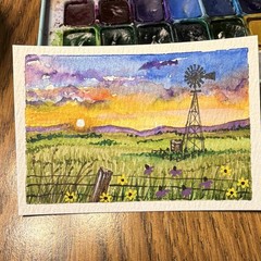 Donna Hawk ACEO Original Miniature Watercolor Landscape Sunset Windmill Signed