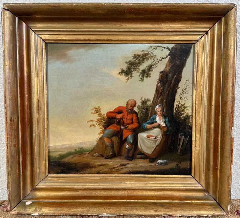 Antique Landscape Oil Painting Man Woman Peasants Wine Dutch Old Master 17th C.