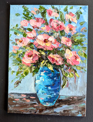ORIGINAL OIL Painting “ ROSES in VASE“ impasto 7″x5″ by Olga Diduh.