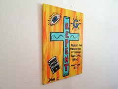 Outsider Art Original Painted on scrap wood raw folk art Religious Repent Dan C