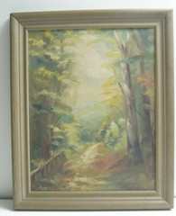 C.1949 Hand Painted On Canvas Landscape Woods Scene Signed 18″ x 14″ Trail