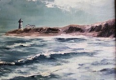 EDWARD JECKEL VINTAGE OIL PAINTING CANVAS SIGNED AMERICAN NY ARTIST LIGHTHOUSE