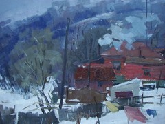 Ukrainian Soviet two Oil Paintings impressionism landscape house rider winter