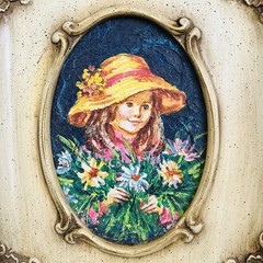 Pair Of Small Ornate Framed Paintings of Girl And Boy Yellow Hat Holding Flowers