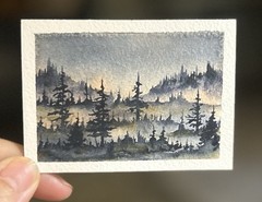 ACEO Morning Foggy Sunrise,Landscape Abstract Watercolor Painting By Sasha Lehto