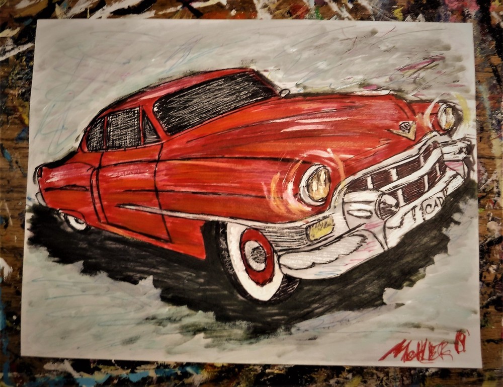 automobile art „Cadillac man“ 8.5×11 acrylic on hard paper by Alexander Mohler