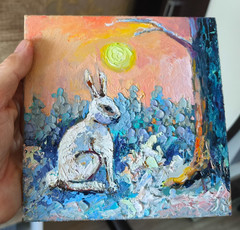 Original Oil Painting White Rabbit on Panel 6×6 Impasto Art Forest Sunset Scene