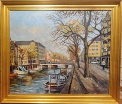CITY CANAL IN CHRISTIANSHAVN, COPENHAGEN, original oil painting
