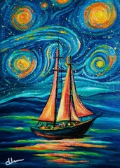 „Starry Journey“ ACEO Original Acrylic Painting Vintage Seascape Art Signed ATC