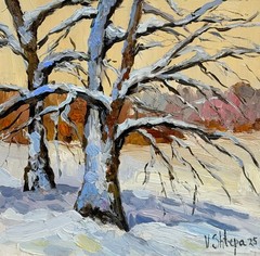 Original Oil Painting Winter Sunset Landscape Forest Impressionism Art Signed