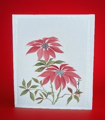 Original Sumi Ink Watercolor Painting Poinsettias Artist Seal With Signature