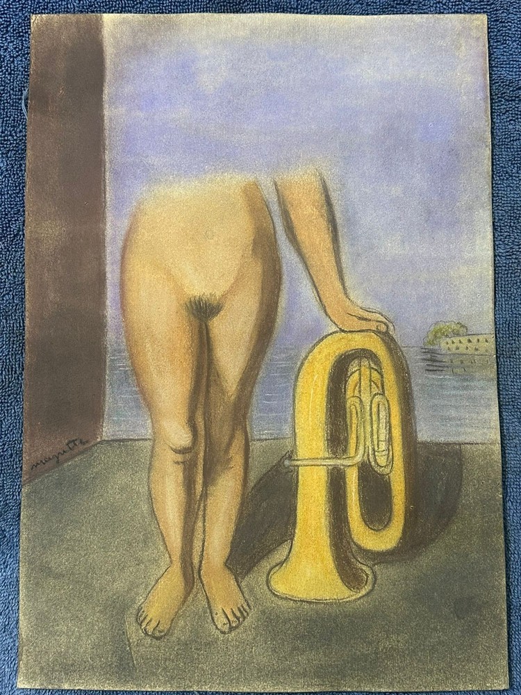 René Magritte drawing and painting on old paper signed stamped vintage