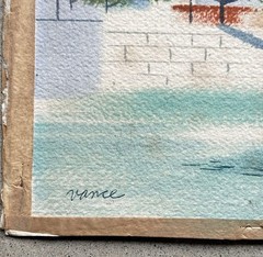 James Vance Signed Menton France Riviera Harbor Watercolor Painting 1940s