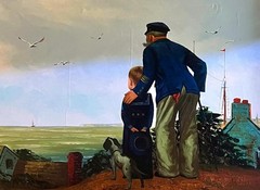 Vintage Handpainted Signed Oil Painting Landcape Seascape Sea Captain Boy & Dog