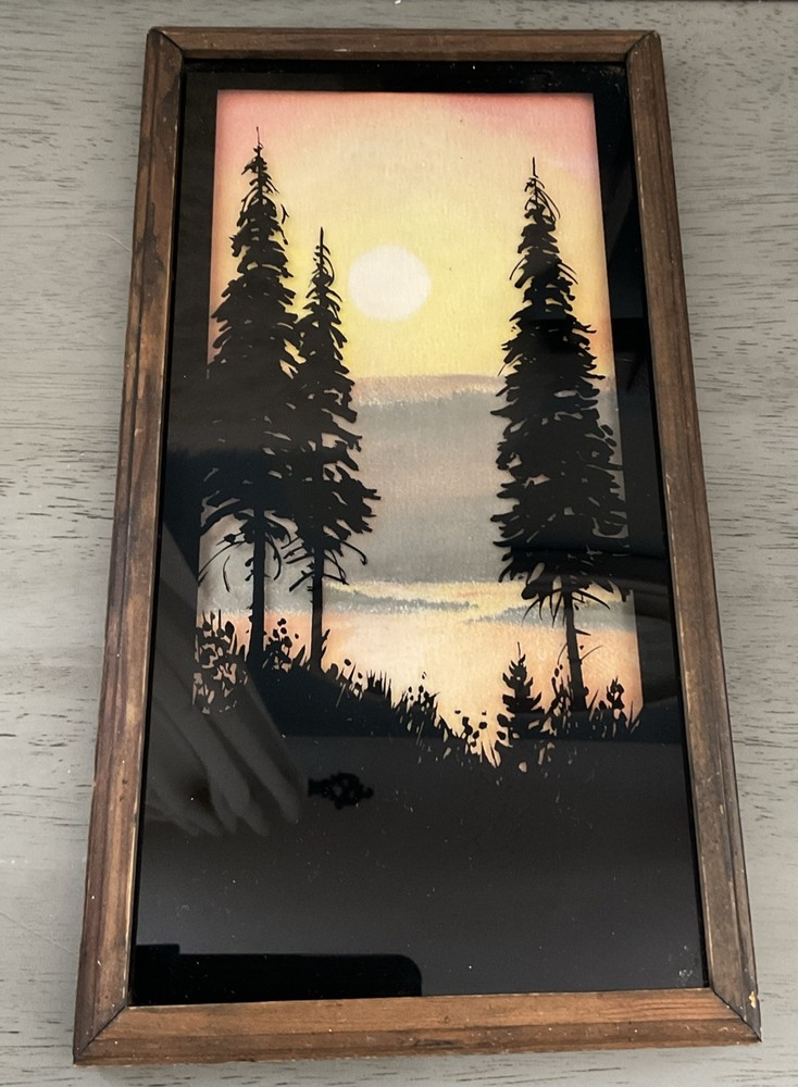 VTG Reverse Glass Painting Pine Trees at Sunset Mountain Scene Wood Frame Glass