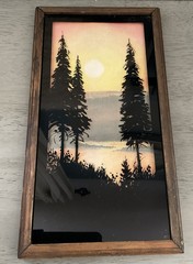 VTG Reverse Glass Painting Pine Trees at Sunset Mountain Scene Wood Frame Glass