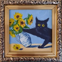 Set of 3 Black Cat Original Oil Paintings Framed Cat Wall Art Cottagecore Decor