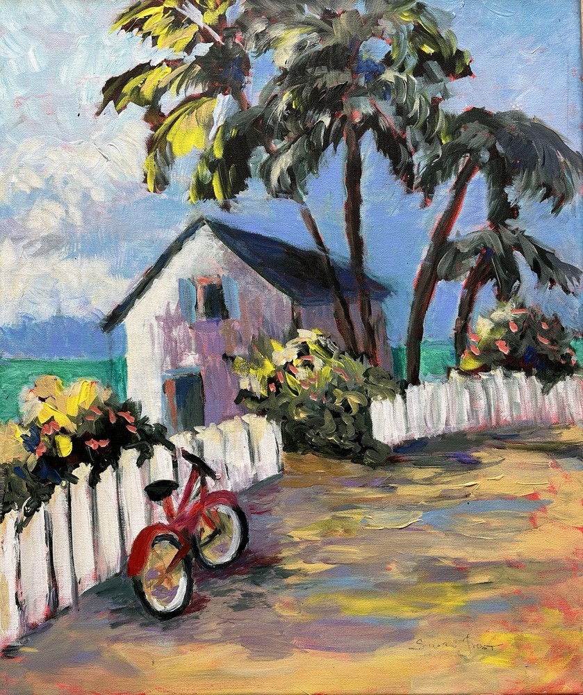 Original Abstract Naive Painting House Palm Trees And Bicycle