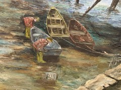 FLORA E. SCHAIFER – c1940s Seascape Oil Painting w/ Pier „Cape Porpoise, Maine“