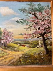 Winona E. Hagerty Original Oil on Board Country Spring Landscape Painting Framed