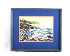 Vintage Coastal Scene With Rocks Ocean Watercolor Painting Signed Nancy M Kirk