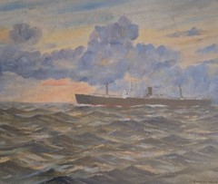 Norman Wilkinson Oil Painting “ Cargo Ship Entering The Thames Estuary „