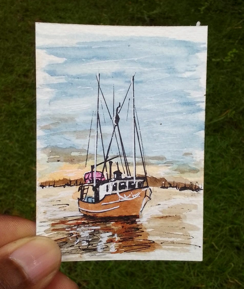 ACEO Original Watercolor Painting Sunset Boat Harbor Coastal Miniature Art OOAK