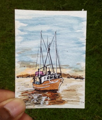 ACEO Original Watercolor Painting Sunset Boat Harbor Coastal Miniature Art OOAK